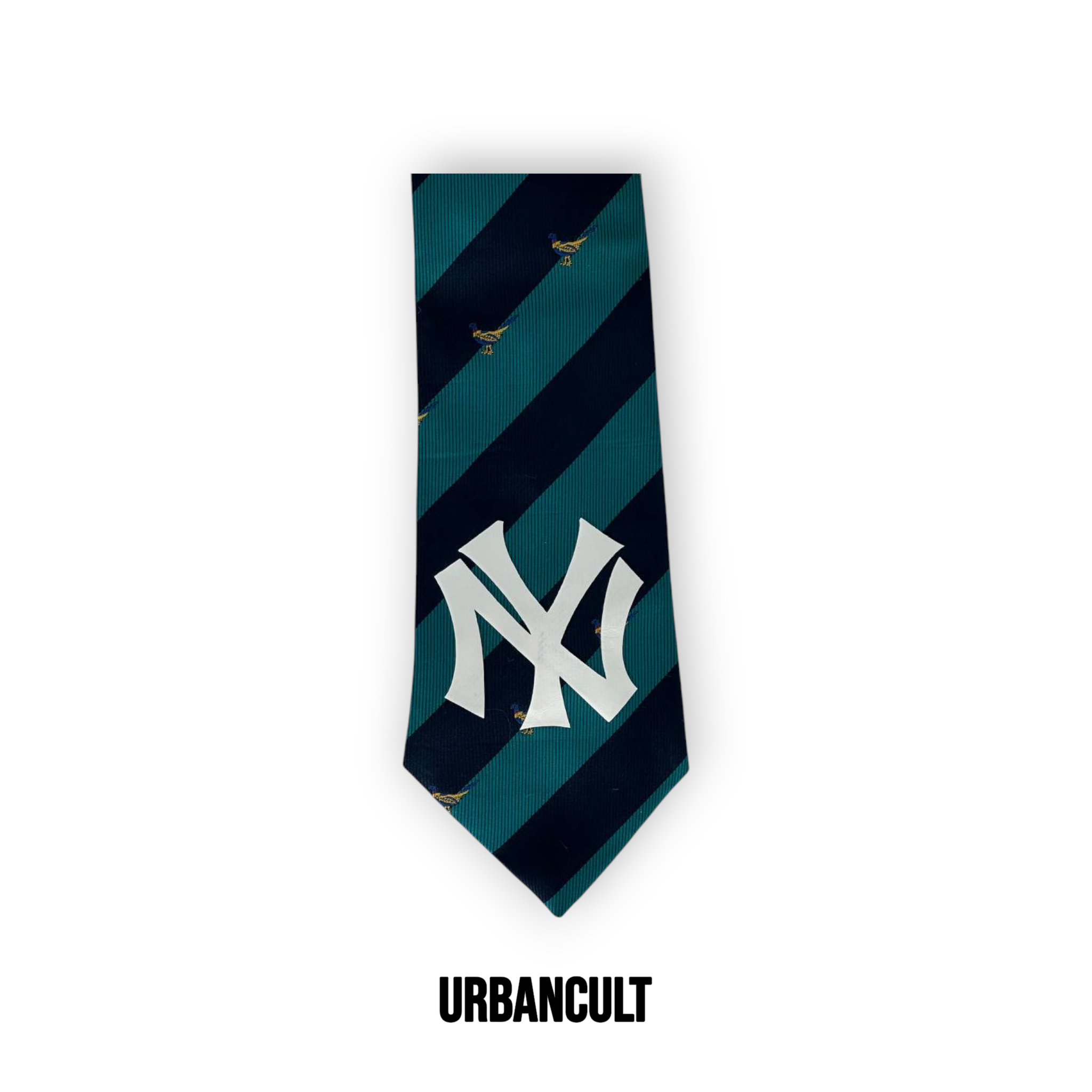 Cravatta Vintage Custom "New Era" a righe trasversali fantasia uccellini - Nera/Azzurro - Urban Cult