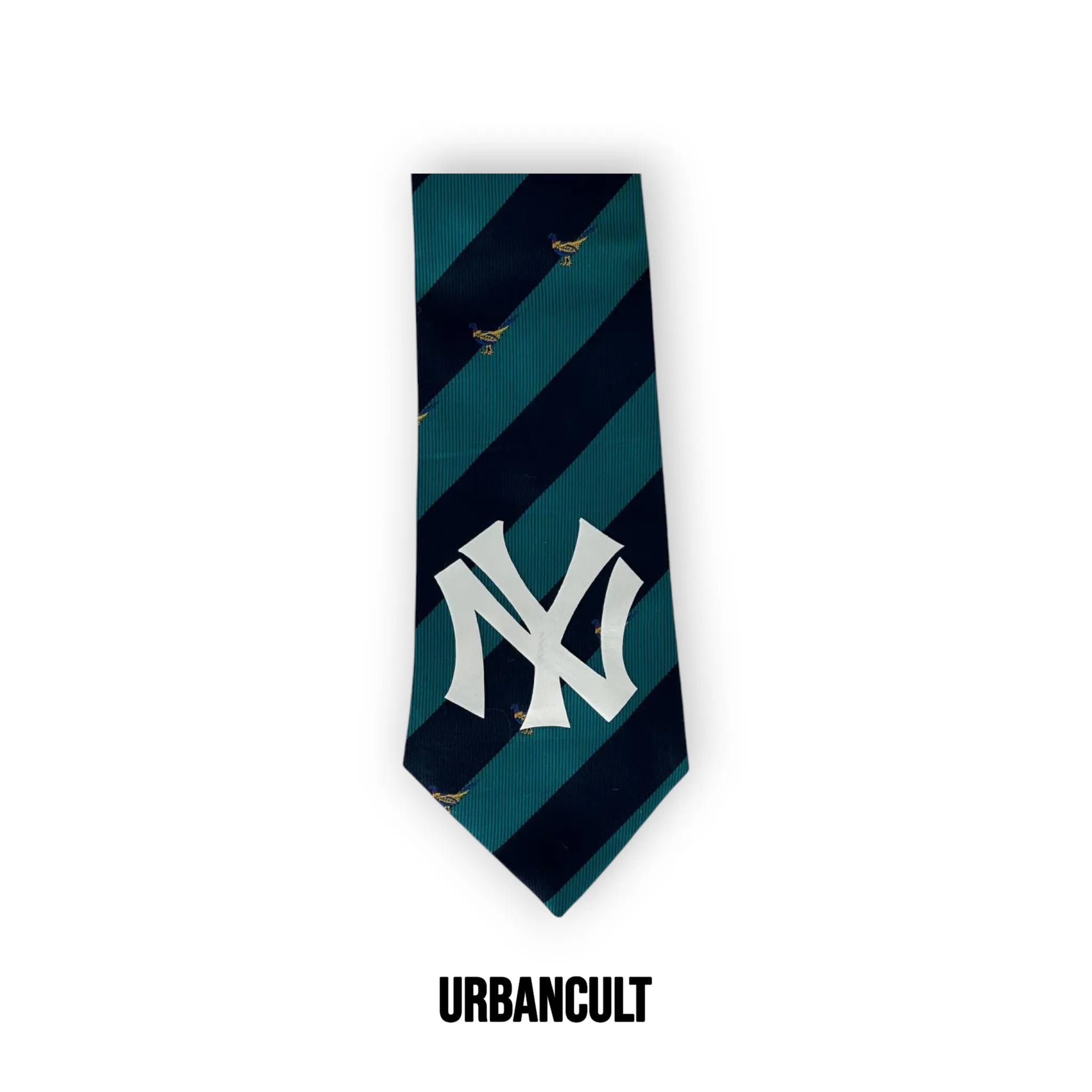 Cravatta Vintage Custom "New Era" a righe trasversali fantasia uccellini - Nera/Azzurro - Urban Cult