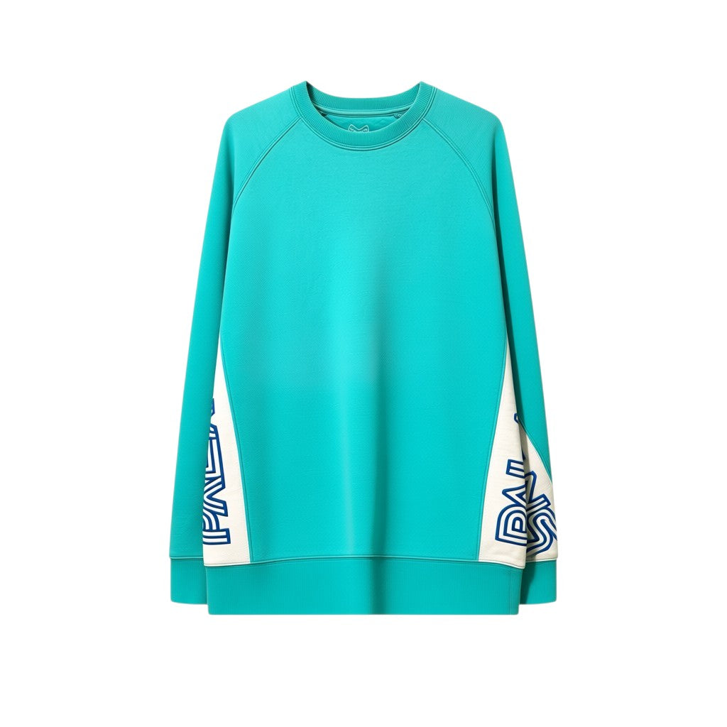 Felpa girocollo Palace Utopians Sport azzurra e bianca con pannelli laterali e logo futuristico. Maniche raglan, vestibilità rilassata.
