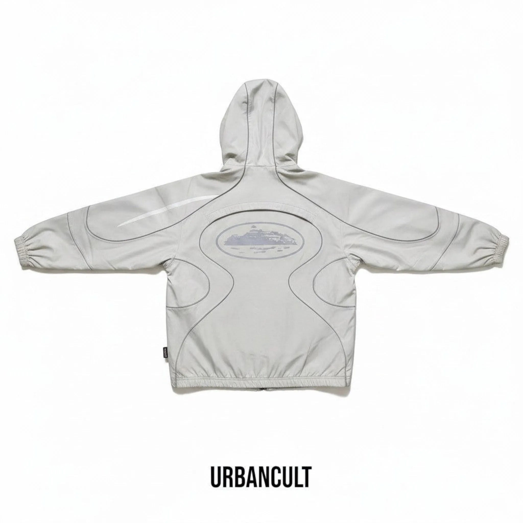 Giacca Urban Cult Nike x Corteiz grigia con cappuccio e dettagli grafici sul retro, vista posteriore.