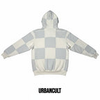 Urban Cult grey and cream patchwork cotton hoodie with checkered design, size M
