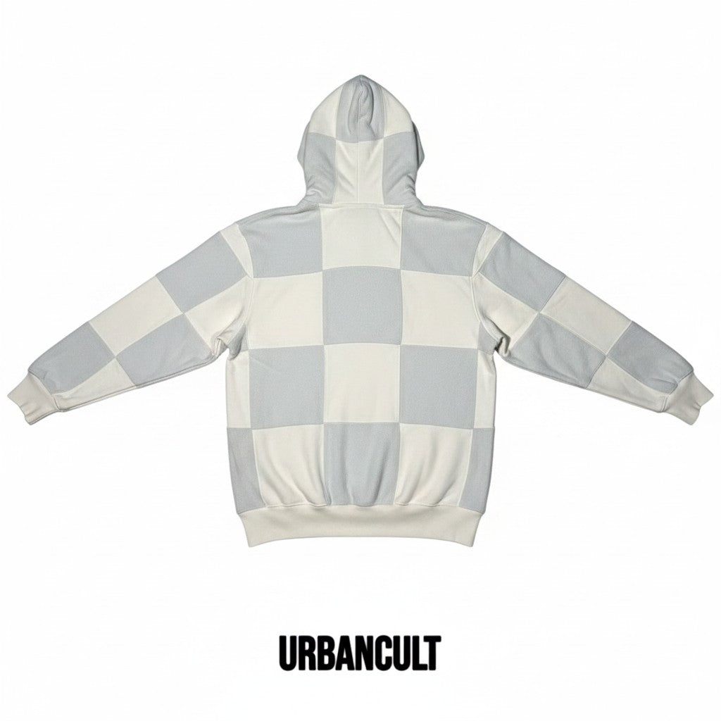 Urban Cult grey and cream patchwork cotton hoodie with checkered design, size M