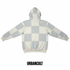 Urban Cult grey and cream patchwork cotton hoodie with checkered design, size M