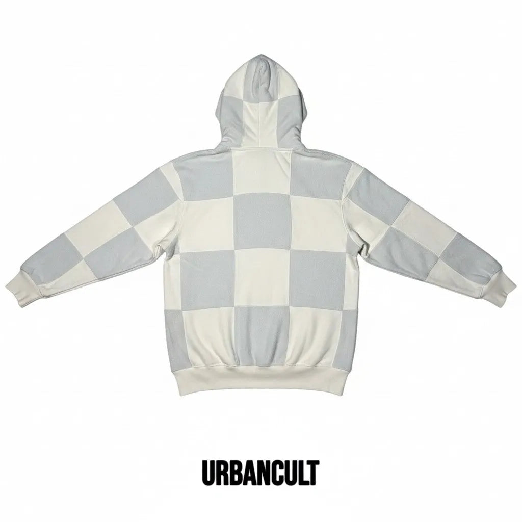 Urban Cult grey and cream patchwork cotton hoodie with checkered design, size M