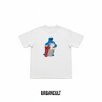 Urban Cult light blue cotton t-shirt with KAWS x Uniqlo x Sesame Street graphic featuring Companion, Elmo, Cookie Monster and Oscar's trash can.