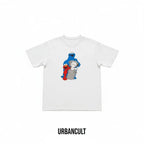 Urban Cult light blue cotton t-shirt with KAWS x Uniqlo x Sesame Street graphic featuring Companion, Elmo, Cookie Monster and Oscar's trash can.