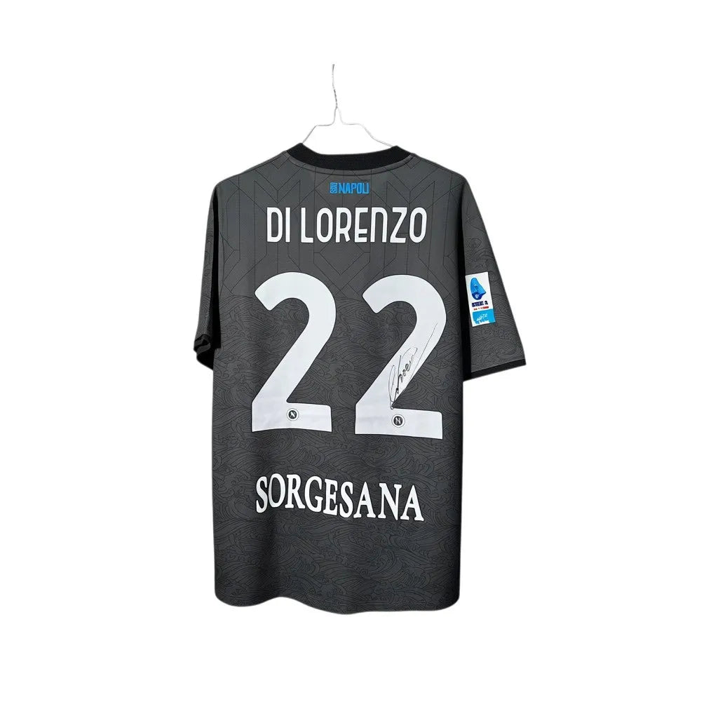 Urban Cult black EA7 Napoli 2024/25 Di Lorenzo #22 autographed jersey, size L. Features captain's signature on back.