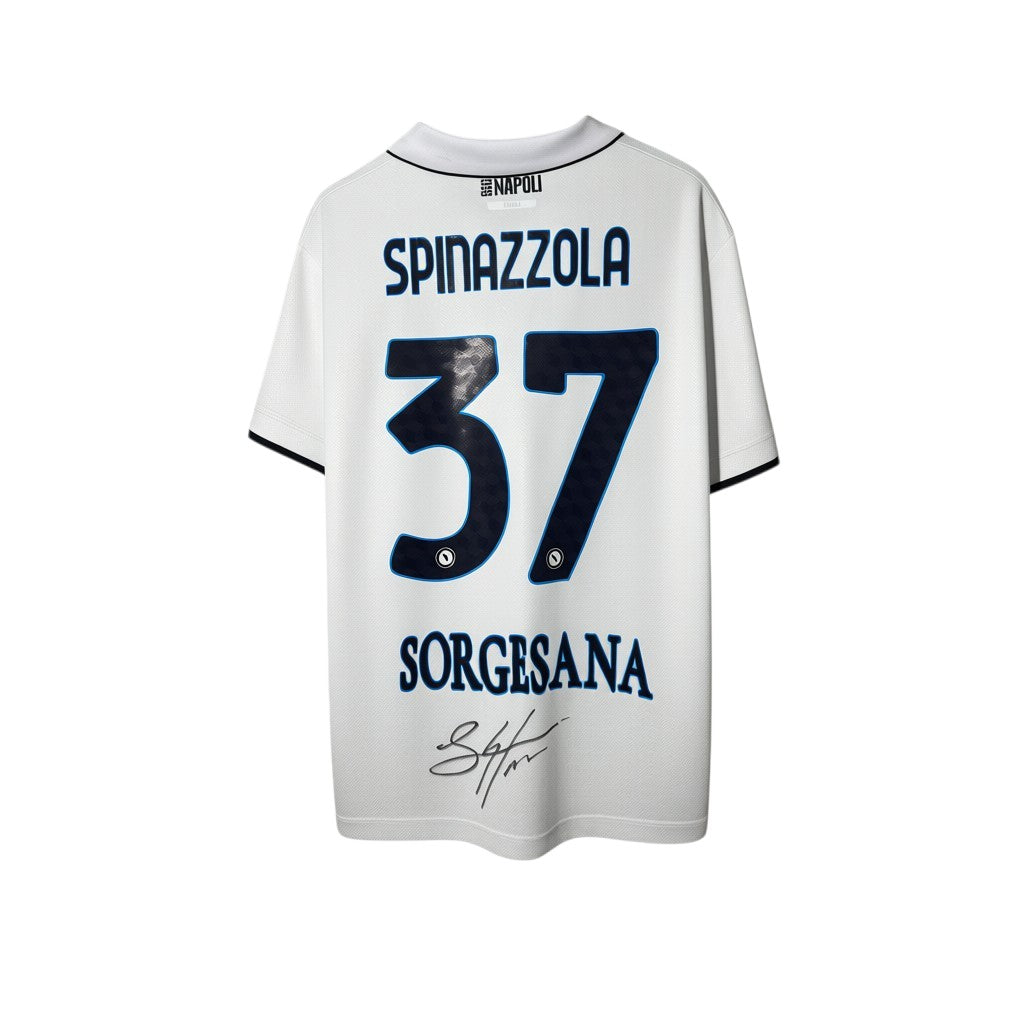 Urban Cult white EA7 Napoli 2024/25 Spinazzola #37 autographed jersey with blue lettering and details.