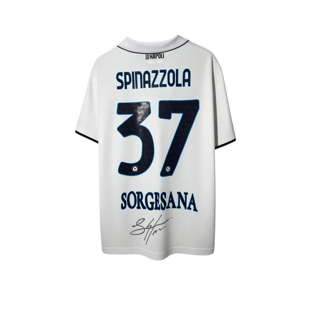 Urban Cult white EA7 Napoli 2024/25 Spinazzola #37 autographed jersey with blue lettering and details.