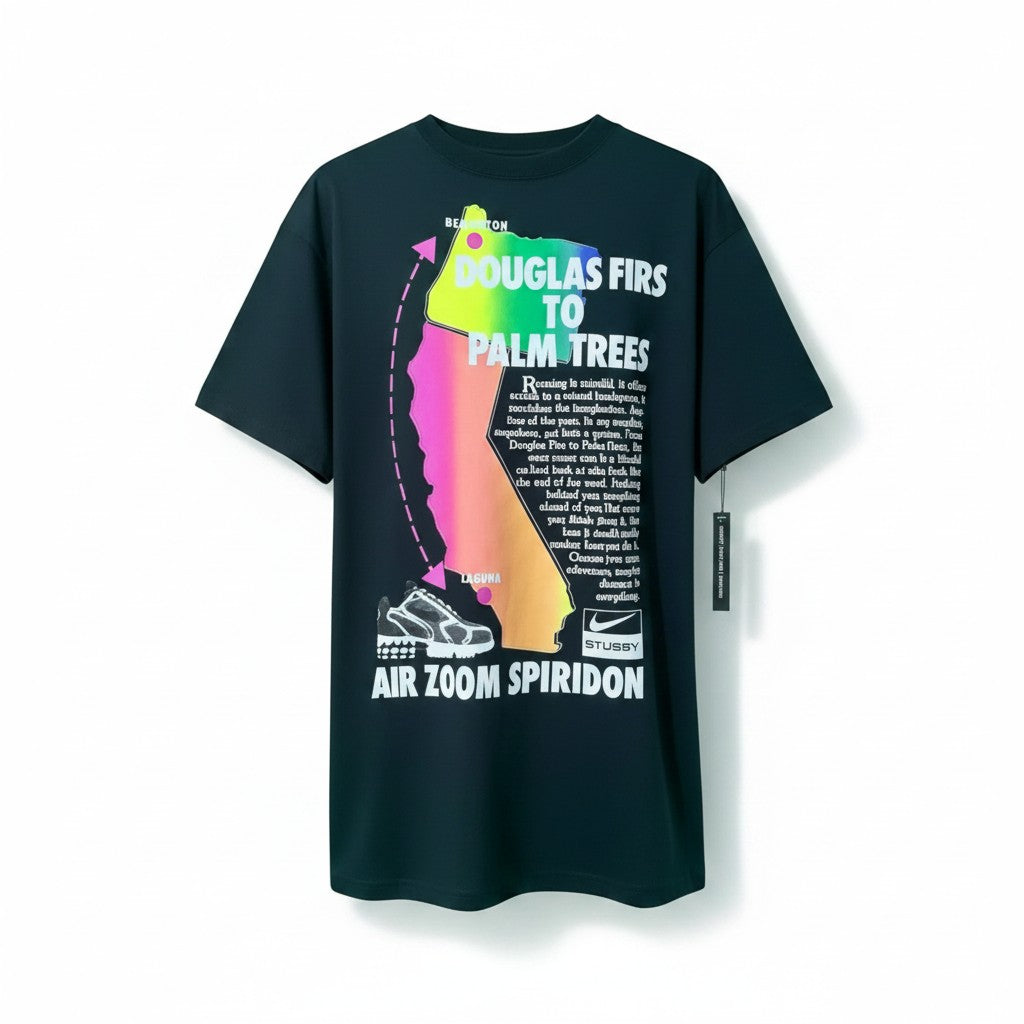 Urban Cult Nike x Stüssy black t-shirt with 'Douglas Firs To Palm Trees' graphic and Air Zoom Spiridon detail.