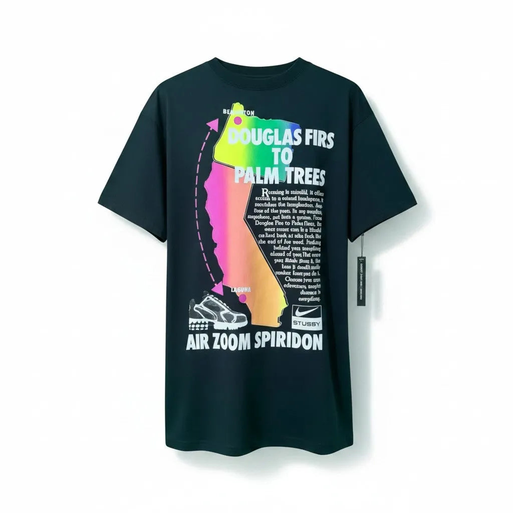 Urban Cult Nike x Stüssy black t-shirt with 'Douglas Firs To Palm Trees' graphic and Air Zoom Spiridon detail.