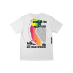 Urban Cult white cotton t-shirt with multicolor 'Douglas Firs to Palm Trees' graphic, Nike Air Zoom Spiridon shoe, and Stüssy logo.