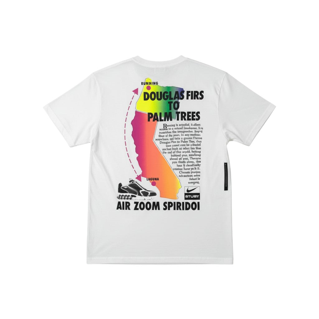 Urban Cult white cotton t-shirt with multicolor 'Douglas Firs to Palm Trees' graphic, Nike Air Zoom Spiridon shoe, and Stüssy logo.