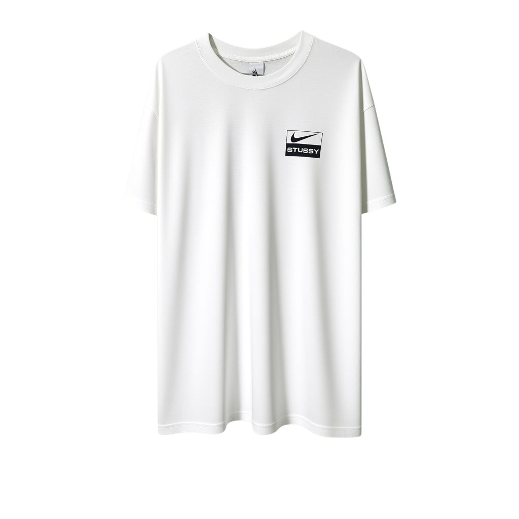 Urban Cult white cotton t-shirt with Nike x Stüssy 'Spiridon' graphic and multicolor accents.
