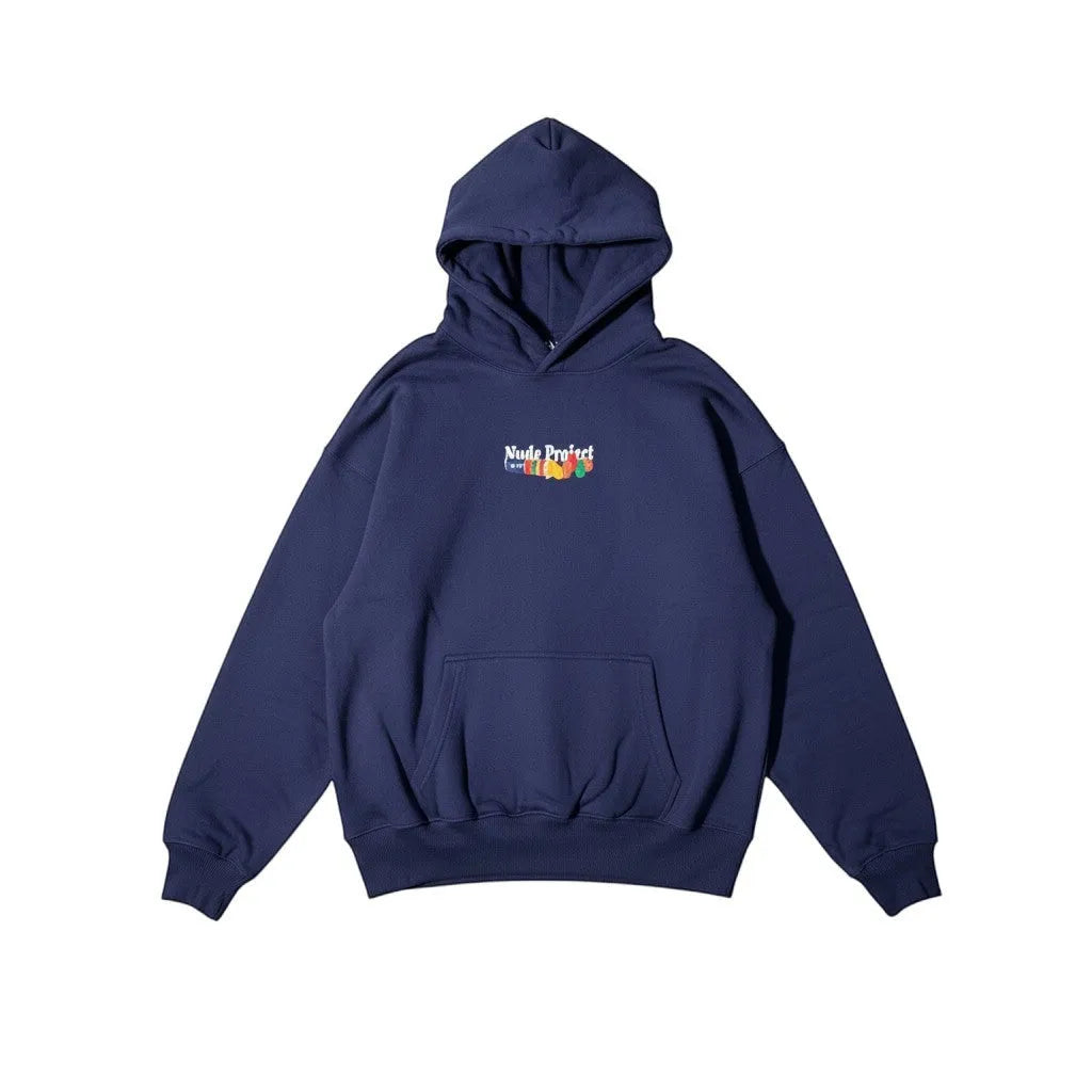 Urban Cult Nude Project Chérie Hoodie Navy blu scuro con grafica colorata sul petto, cotone, taglia S.
