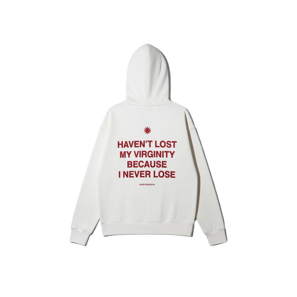 Urban Cult Nude Project Virginity Hoodie in Marshmallow cream with red text graphic and logo. Cotton blend.