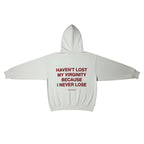 Urban Cult Nude Project Virginity Hoodie in Marshmallow white with red text graphic. Boxy fit, premium material.