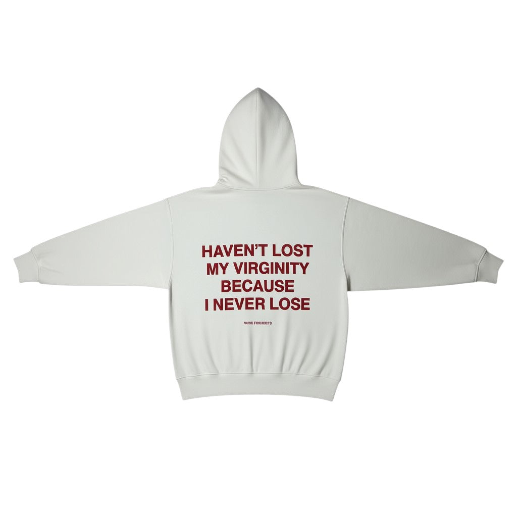 Urban Cult Nude Project Virginity Hoodie in Marshmallow white with red text graphic. Boxy fit, premium material.