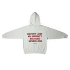 Urban Cult Nude Project Virginity Hoodie in Marshmallow white with red text graphic. Boxy fit, premium material.