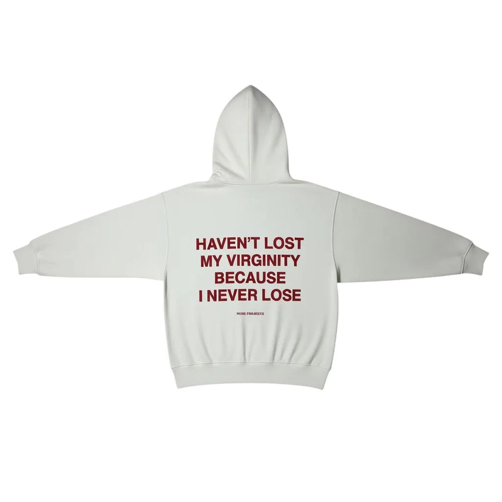 Urban Cult Nude Project Virginity Hoodie in Marshmallow white with red text graphic. Boxy fit, premium material.
