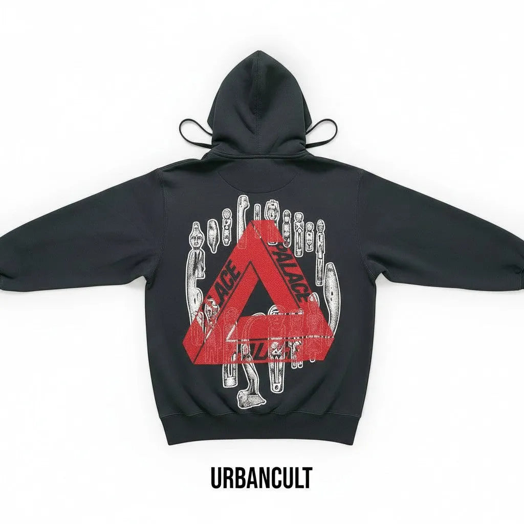 Urban Cult Felpa con cappuccio nera Palace Tri-Ferg Jheeze con logo rosso e grafica bianca sul retro, in cotone pesante.