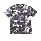 Urban Cult T-shirt Patta Camo in purple, grey, and white. Cotton fabric with all-over camouflage print and white Patta logo on chest.