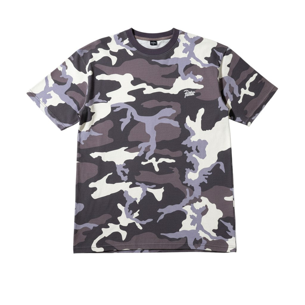 Urban Cult T-shirt Patta Camo in purple, grey, and white. Cotton fabric with all-over camouflage print and white Patta logo on chest.