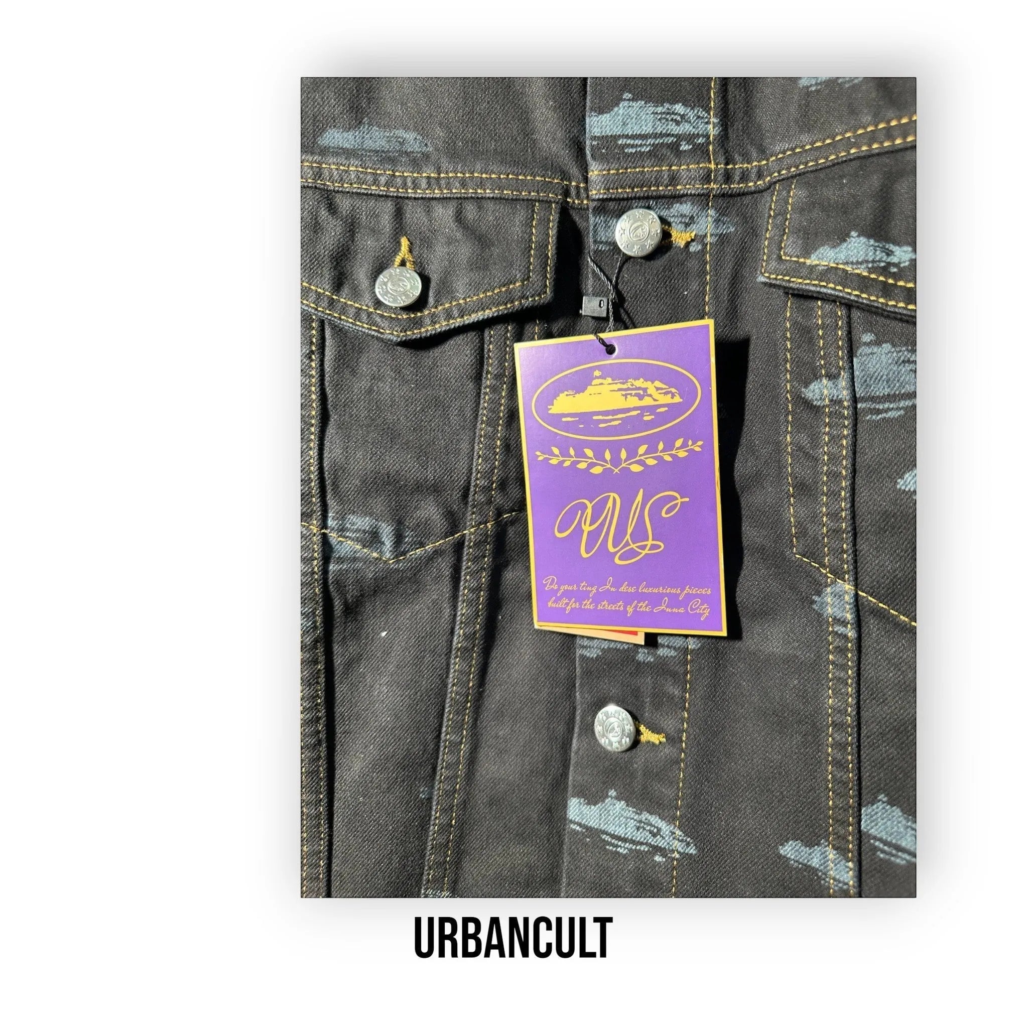 Corteiz Alcatraz Pattern Denim Jacket 'Black' - Urban Cult