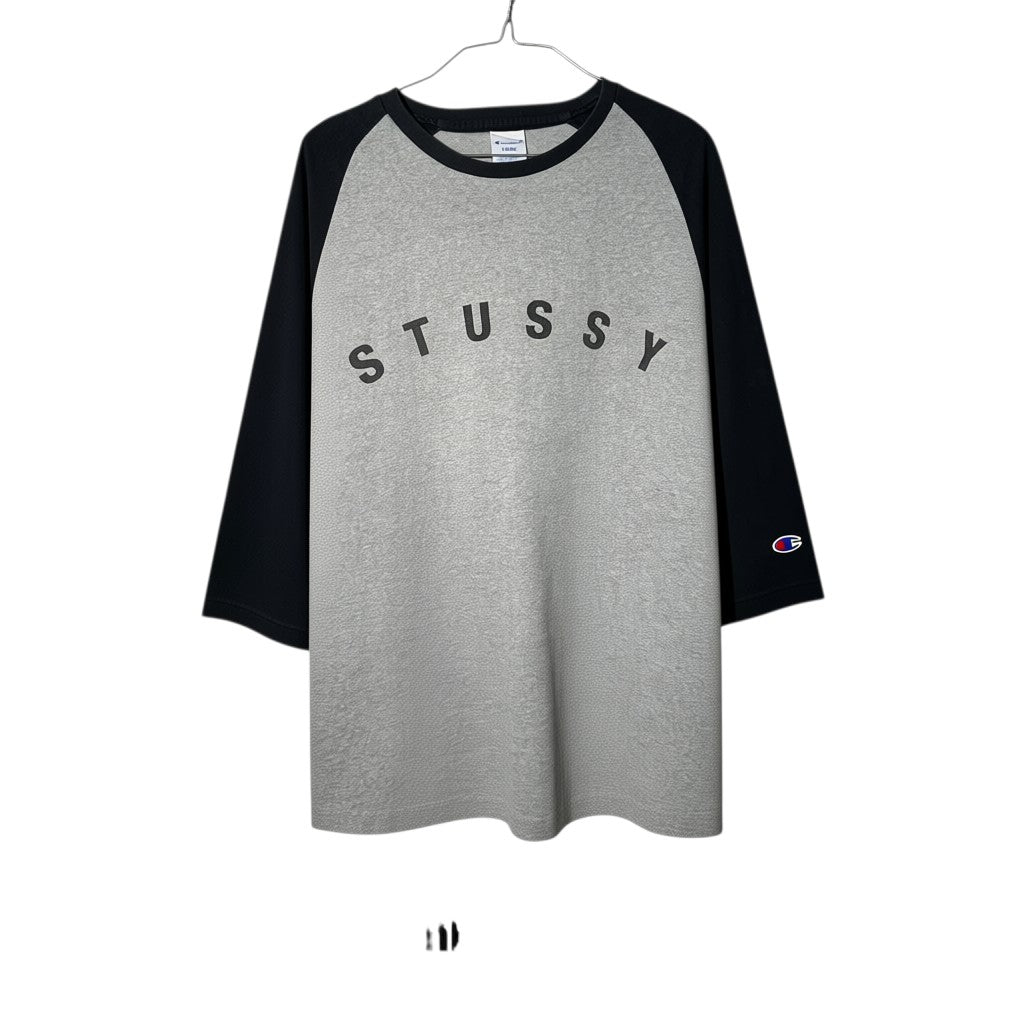 Urban Cult Stüssy x Champion baseball t-shirt, grey body, blue 3/4 sleeves, size L, cotton