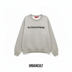 Felpa Urban Cult Supreme Bless Crewneck grigio melange in cotone pesante con grafica ricamata sul petto.