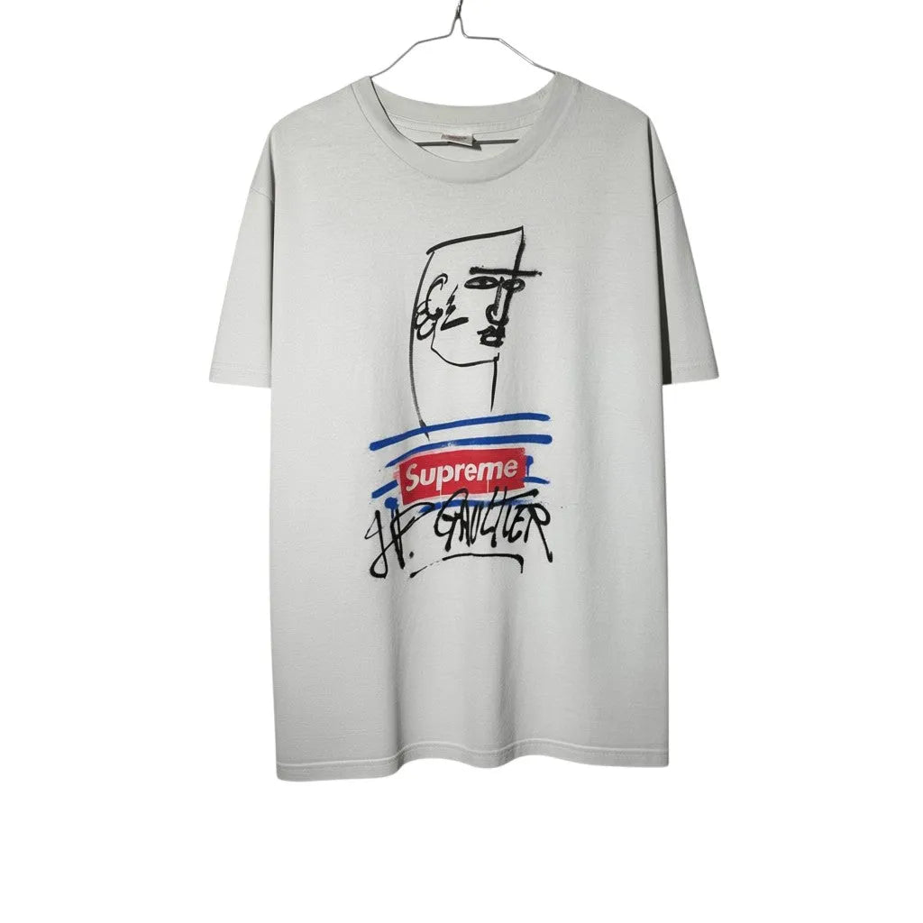 Urban Cult white cotton t-shirt, size M, featuring Supreme x Jean Paul Gaultier SS19 collaboration graphic print.