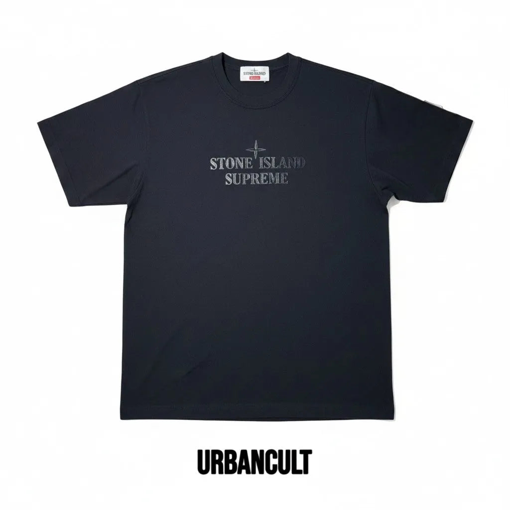Urban Cult black cotton t-shirt, Supreme x Stone Island SS22 collaboration, size M, with embossed logo.