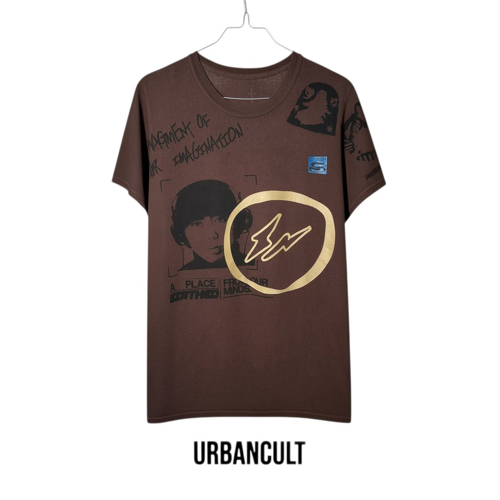 Urban Cult brown cotton t-shirt with Travis Scott Cactus Jack x Fragment Design graphics, size S.