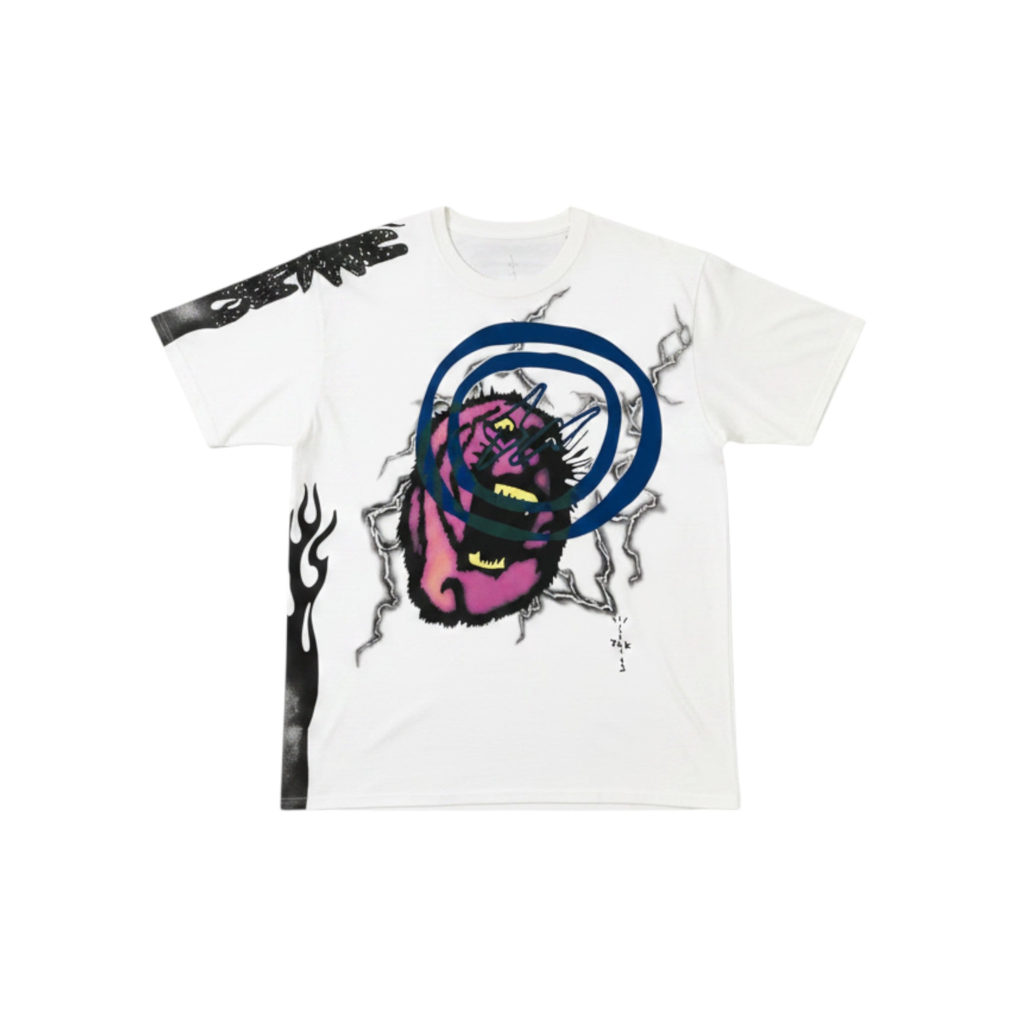 Urban Cult white cotton t-shirt with Travis Scott x Fragment 'Sunrise' graphic, featuring a purple face and blue circles.