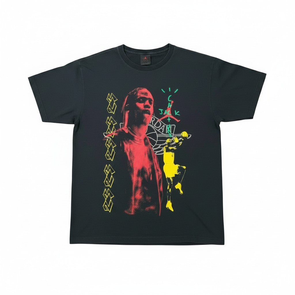 Urban Cult black cotton t-shirt with Travis Scott and Michael Jordan graphic, Cactus Jack logo, neon details.