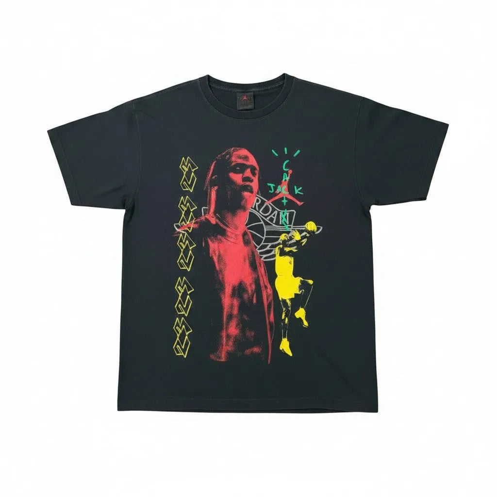 Urban Cult black cotton t-shirt with Travis Scott and Michael Jordan graphic, Cactus Jack logo, neon details.