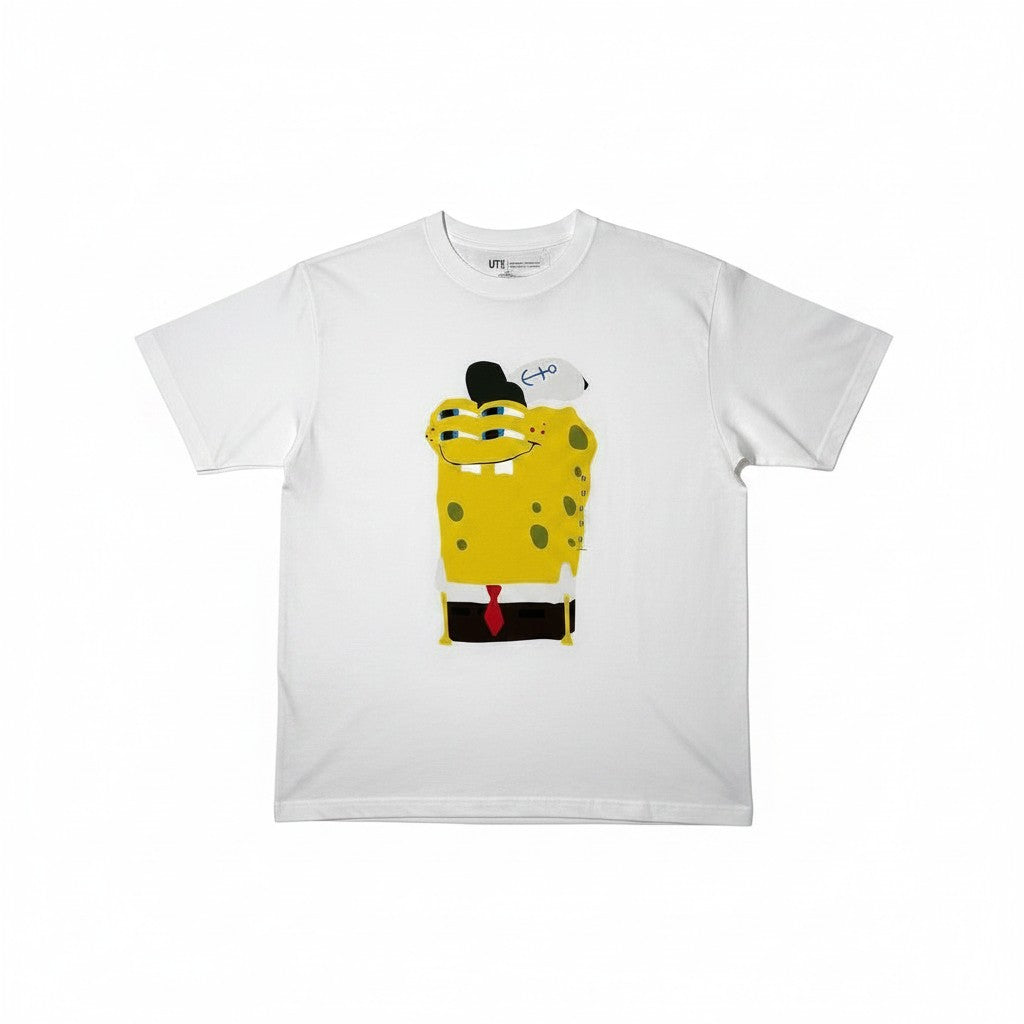 Urban Cult T-shirt bianca in cotone con grafica SpongeBob e Patrick in stile CPFM, taglia M.
