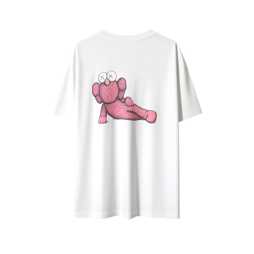 Urban Cult - T-shirt bianca Uniqlo x KAWS con grafica rosa 'Pink BFF' e occhi a X, taglia XL.