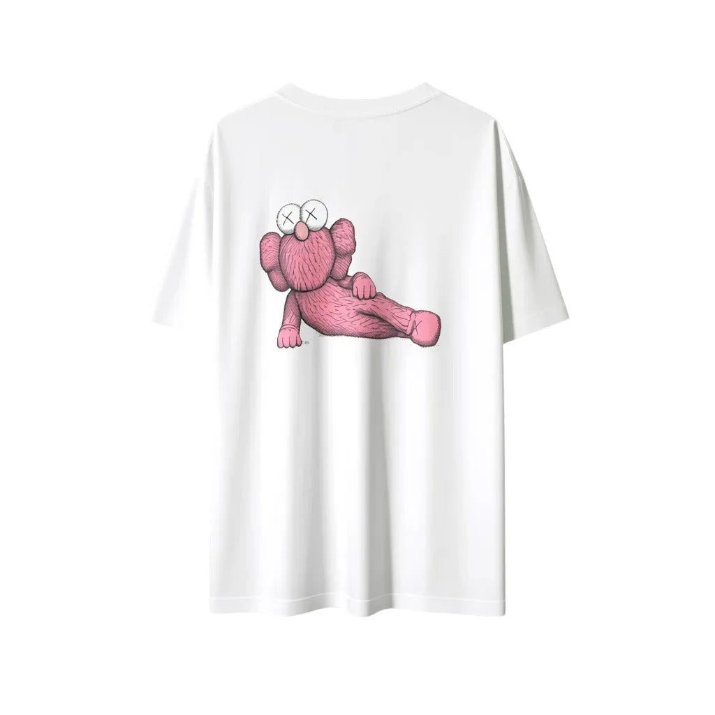 Urban Cult - T-shirt bianca Uniqlo x KAWS con grafica rosa 'Pink BFF' e occhi a X, taglia XL.