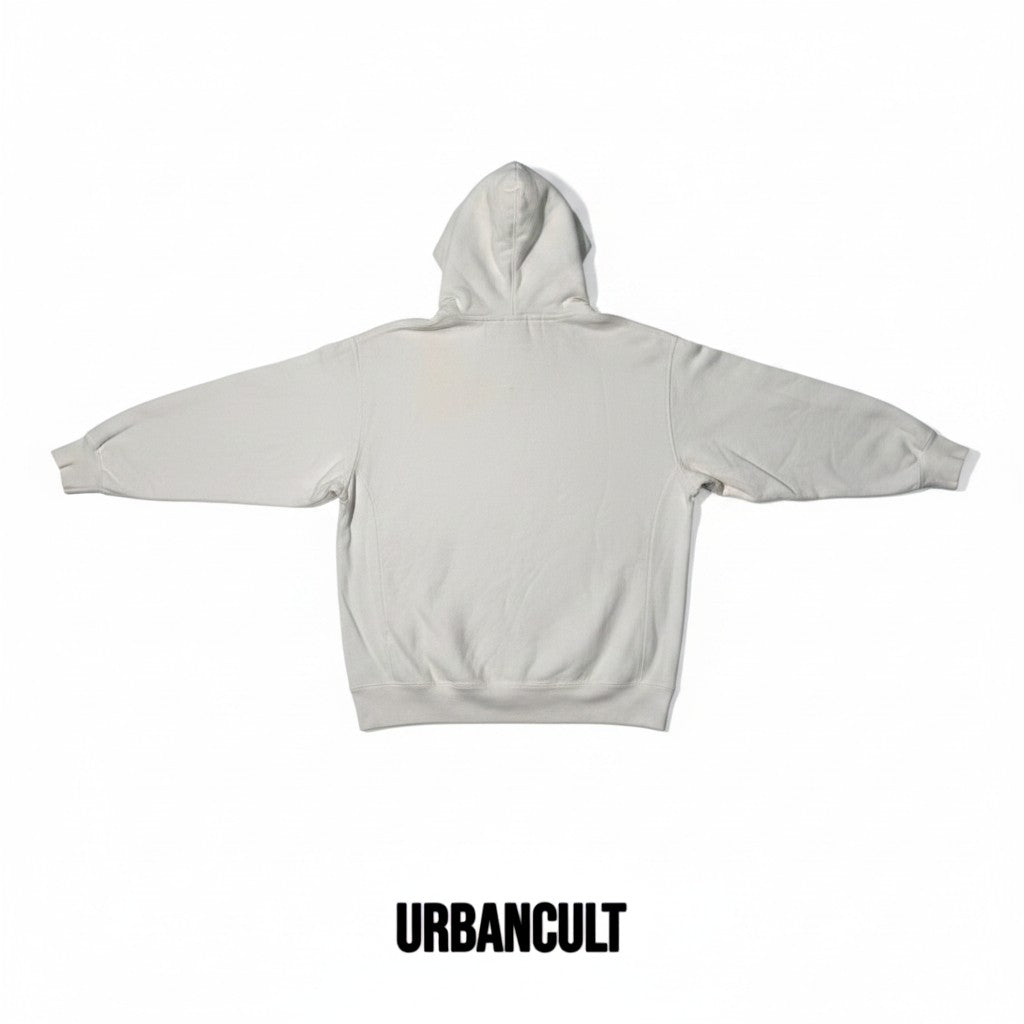 Urban Cult white cotton hoodie with embossed box logo, size L. Minimalist design from SS18 collection.