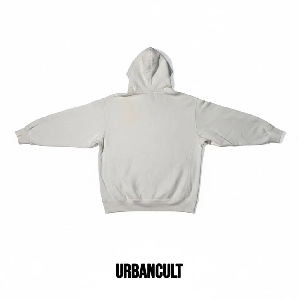Urban Cult white cotton hoodie with embossed box logo, size L. Minimalist design from SS18 collection.