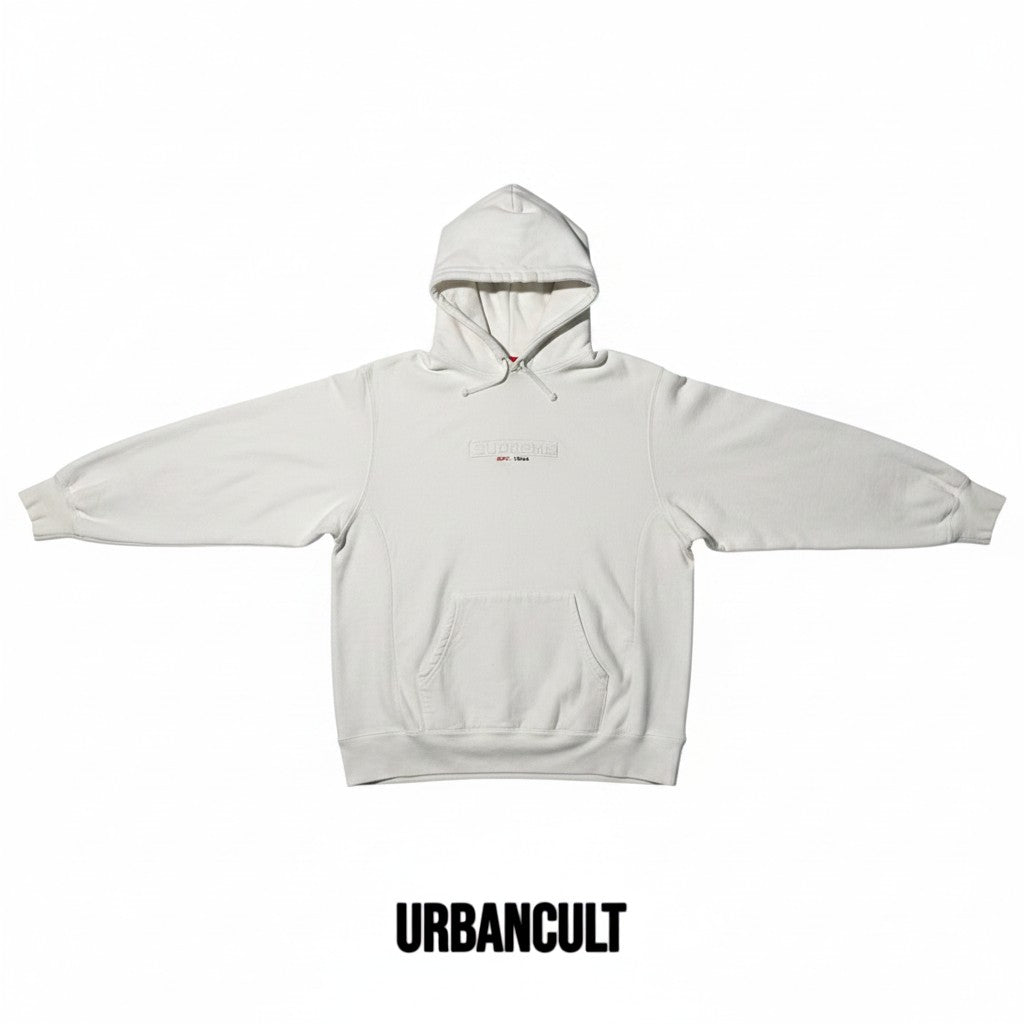 Urban Cult white cotton hoodie with embossed Supreme Box Logo and mini white Box Logo on chest, size L.