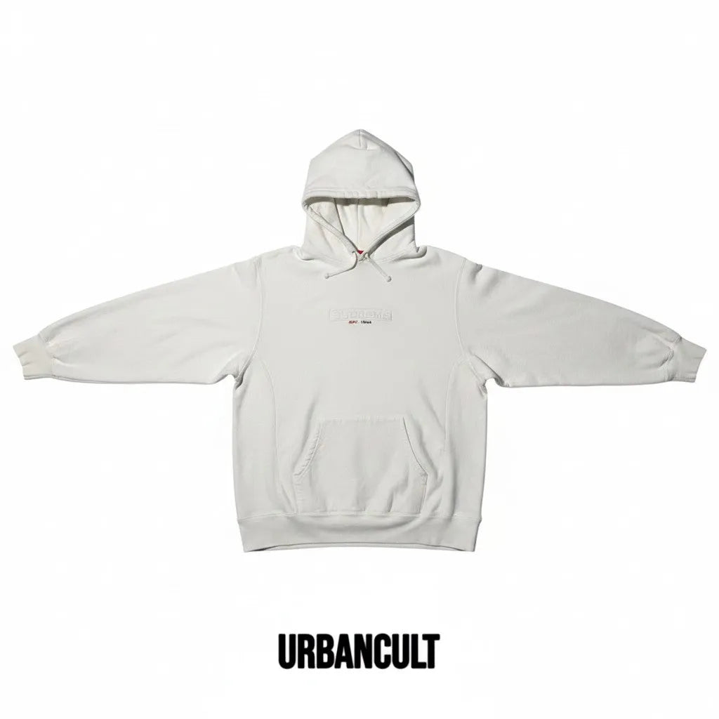 Urban Cult white cotton hoodie with embossed Supreme Box Logo and mini white Box Logo on chest, size L.