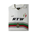 Urban Cult white knit jersey inspired by Serie A football, featuring 'RTW' graphic and Italian flag crest.