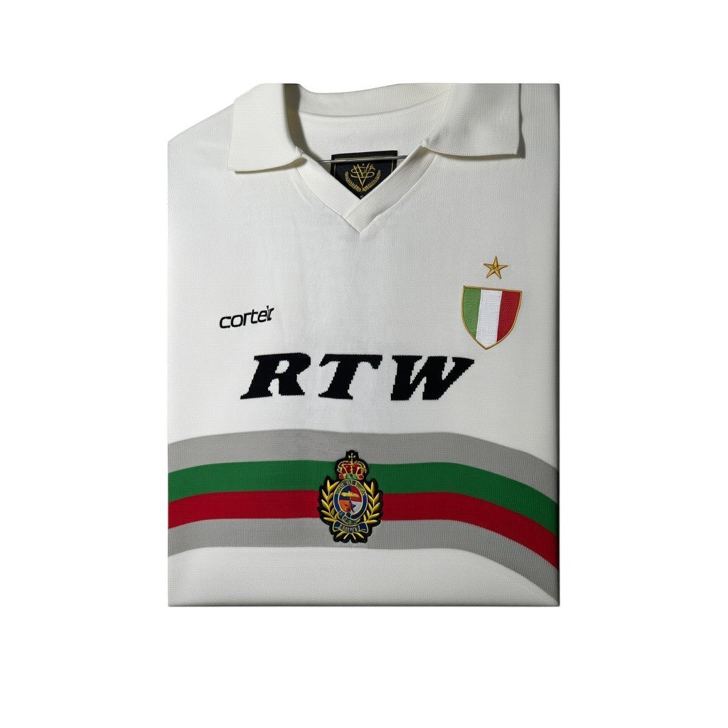 Urban Cult white knit jersey inspired by Serie A football, featuring 'RTW' graphic and Italian flag crest.