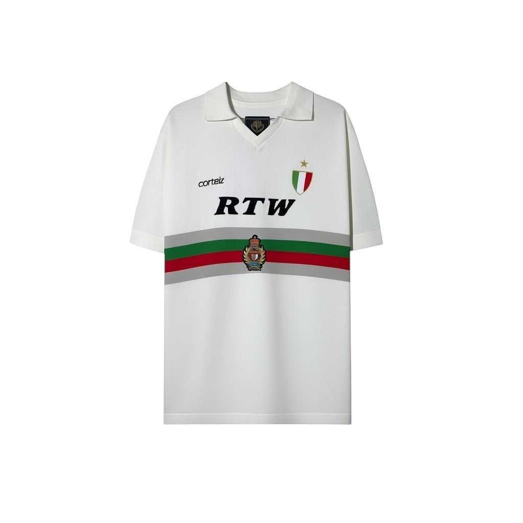 Urban Cult white knit jersey inspired by Serie A football, featuring RTW logo and Italian flag detail. Fine knit.