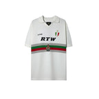 Urban Cult white knit jersey inspired by Serie A football, featuring RTW logo and Italian flag detail. Fine knit.