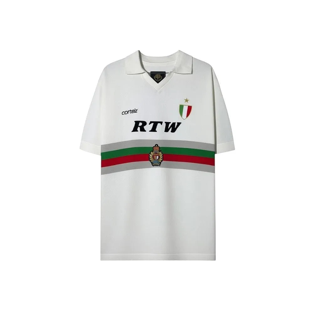 Urban Cult white knit jersey inspired by Serie A football, featuring RTW logo and Italian flag detail. Fine knit.
