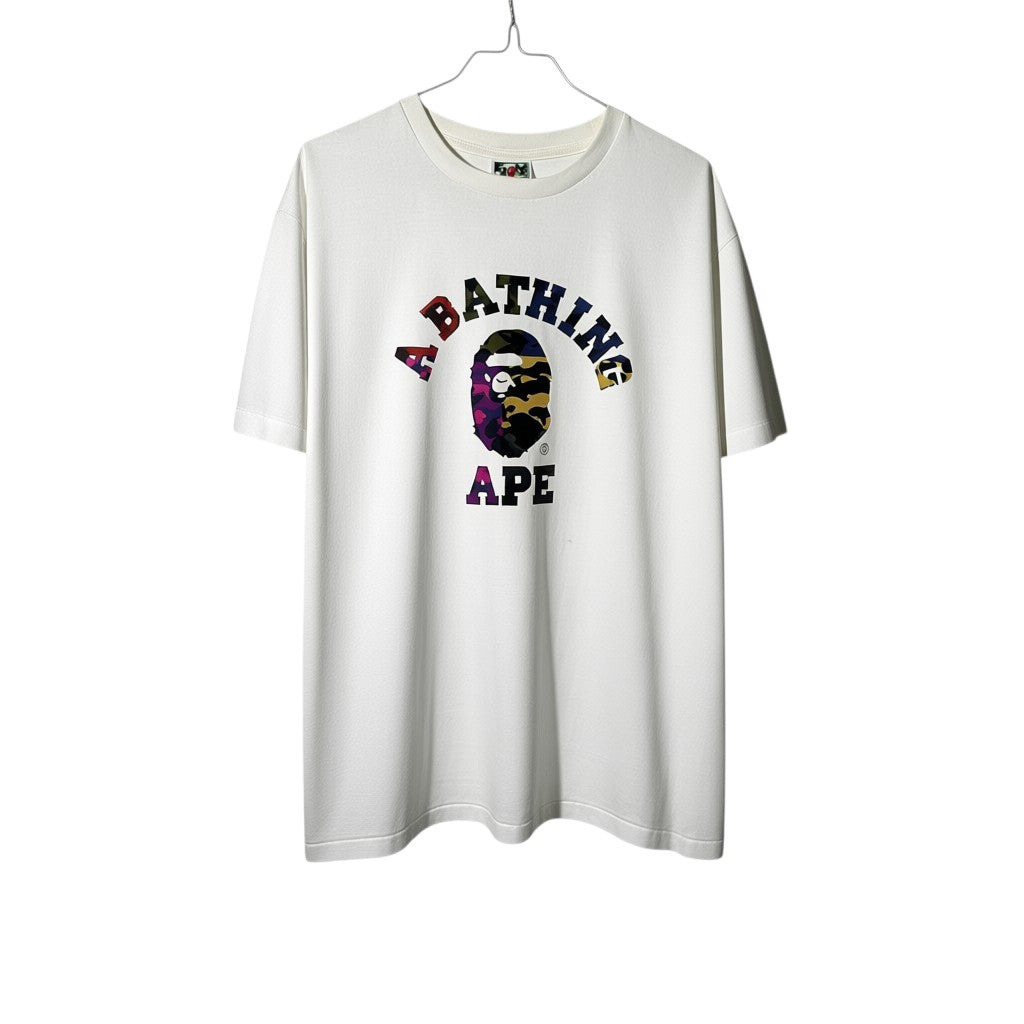 Urban Cult white cotton BAPE Mix Camo College T-shirt with multicolor camo print and Ape Head logo, size XL.