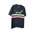 Urban Cult black knit jersey with white, green, and red stripes and 'RTW' logo. Features a vintage football aesthetic.